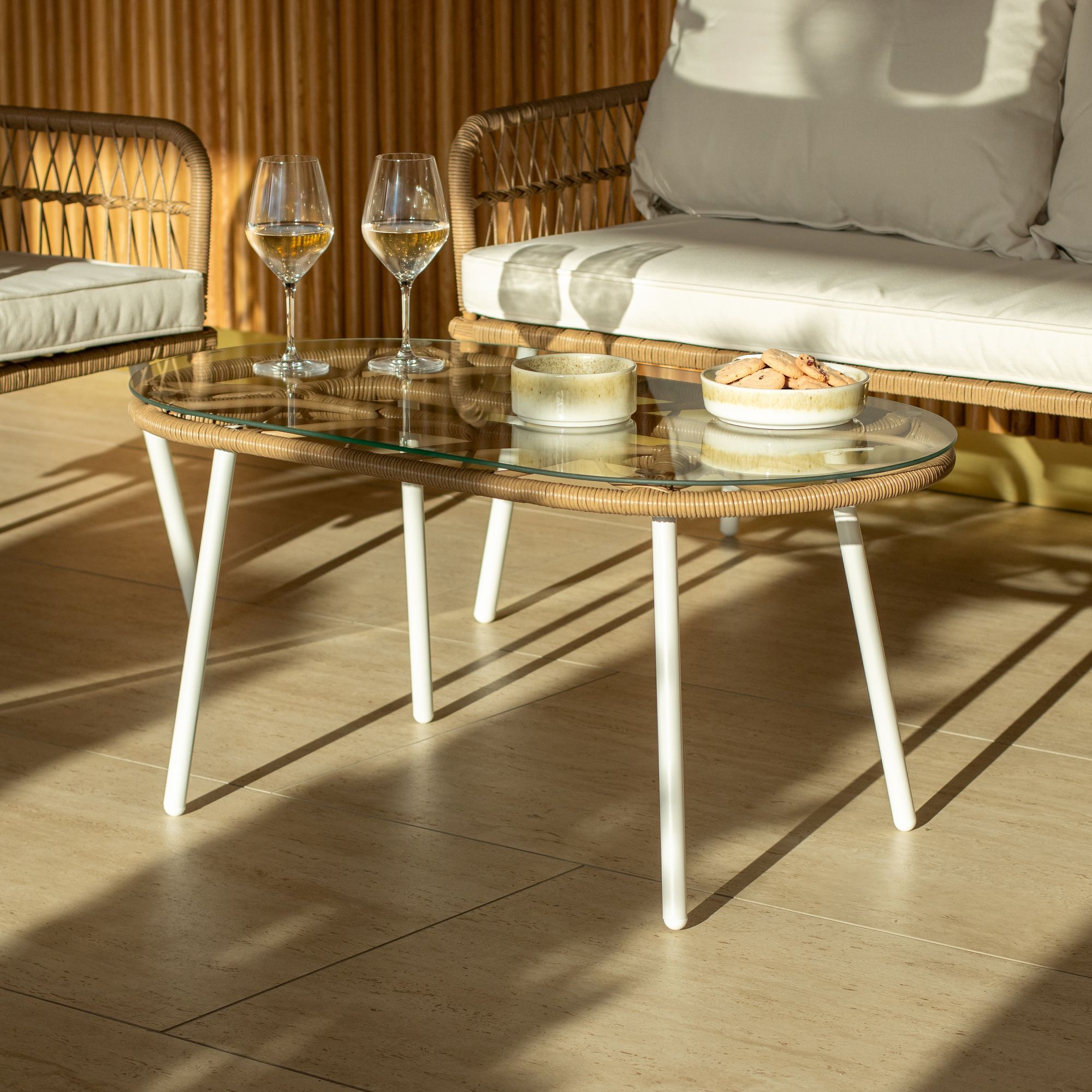 Salon de jardin 4 places rotin synthétique blanc et marron TREVI