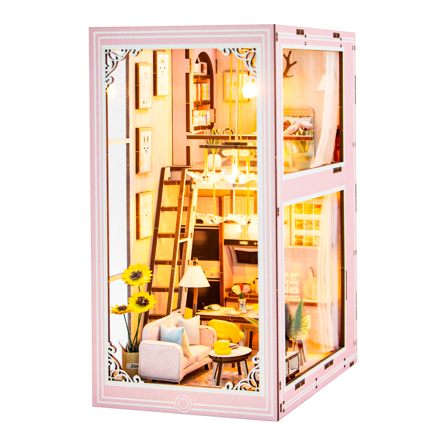 Appartamento Rosa. Book Nook realistico con grande dettaglio, copertura e luci LED.