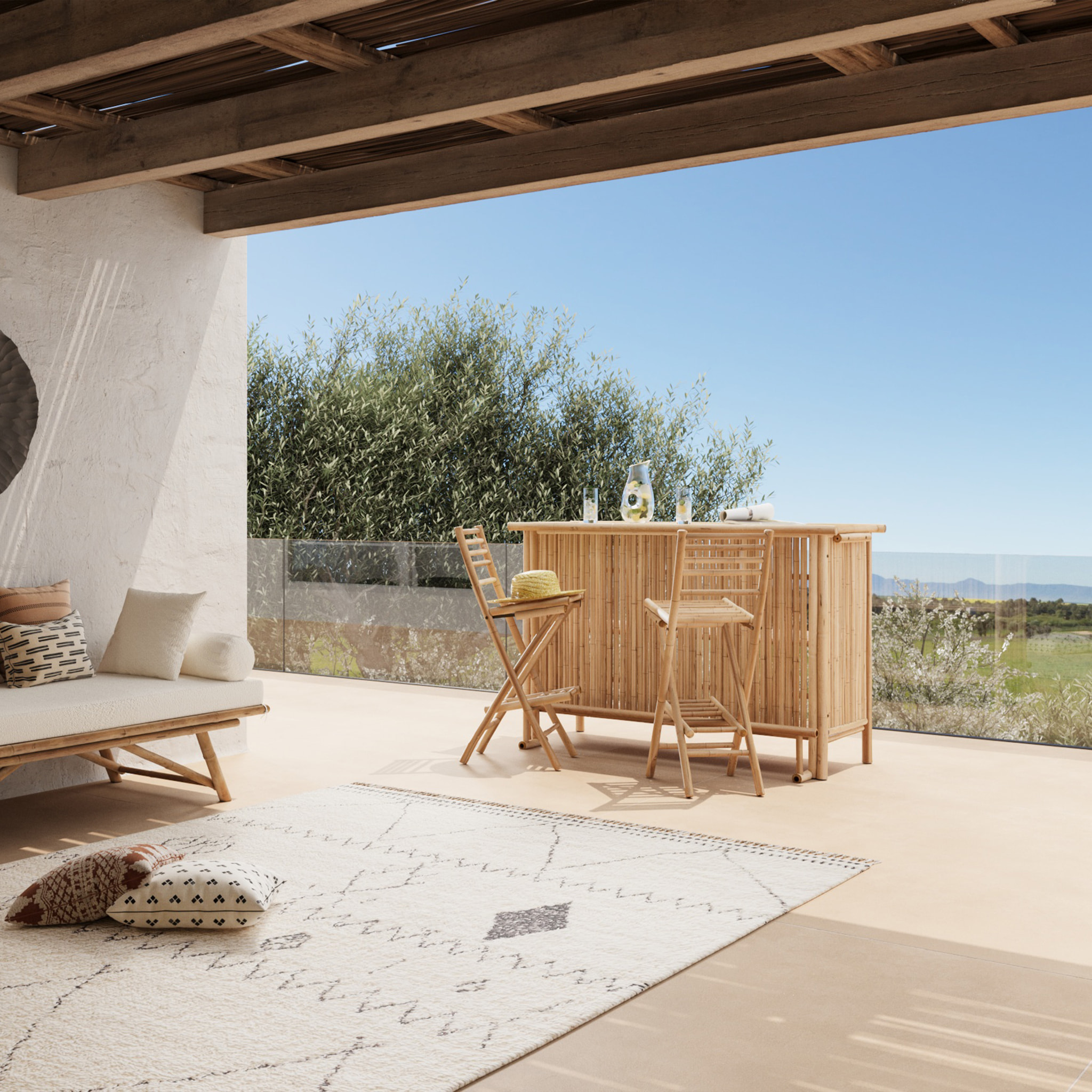 Ensemble bar et chaise de bar de jardin en bambou (lot de 2) - Vadella