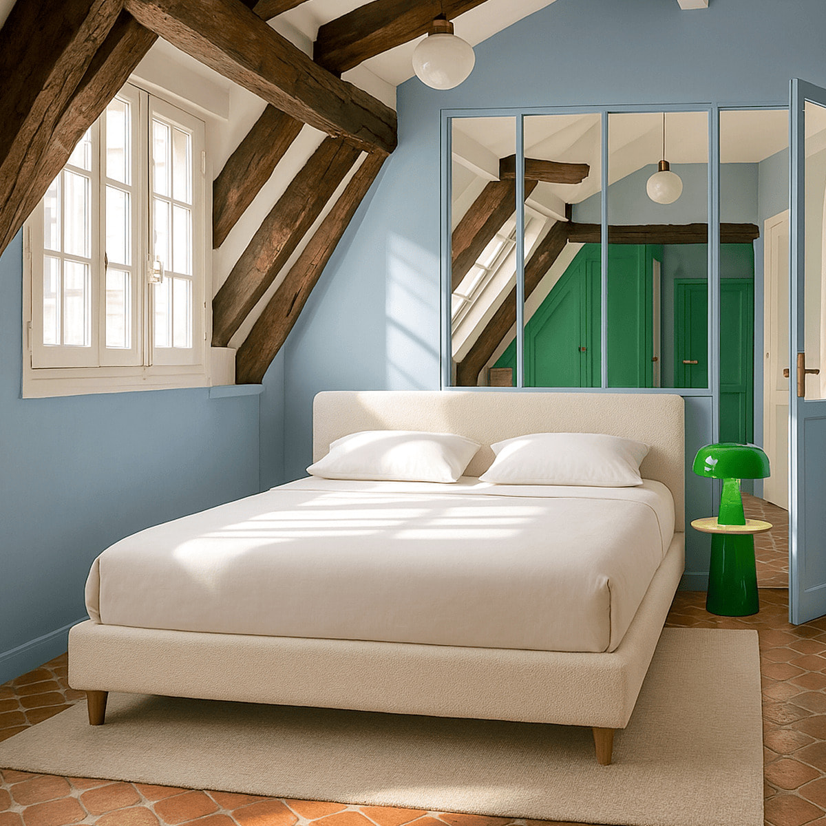 Lit avec tête de lit en tissu bouclé - MILO