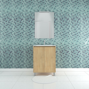 Pack Meuble Salle de Bains 60cm Chêne Clair 2 Portes, Vasque, Miroir 60x80 et réglette Led - XENOS