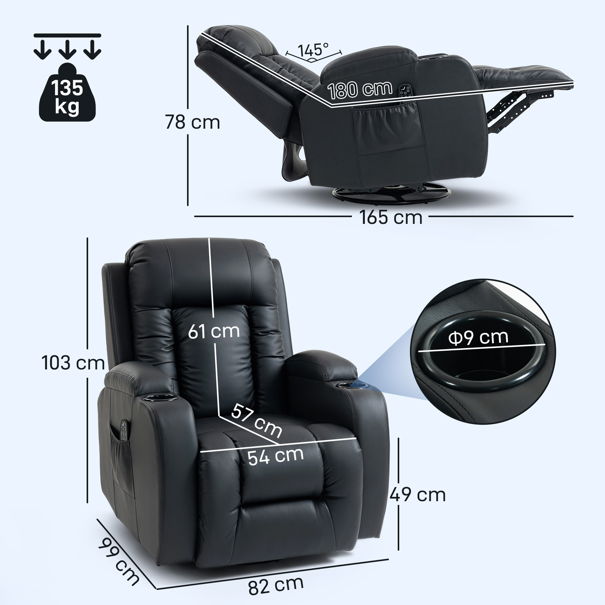Sillón de Masaje Giratorio, Sillón Relax Reclinable con 8 Puntos de Masaje, Función Calefacción Lumbar, Mando a Distancia, Tapizado en PU, Reposapiés, Bolsillo Lateral, Función Basculante Negro