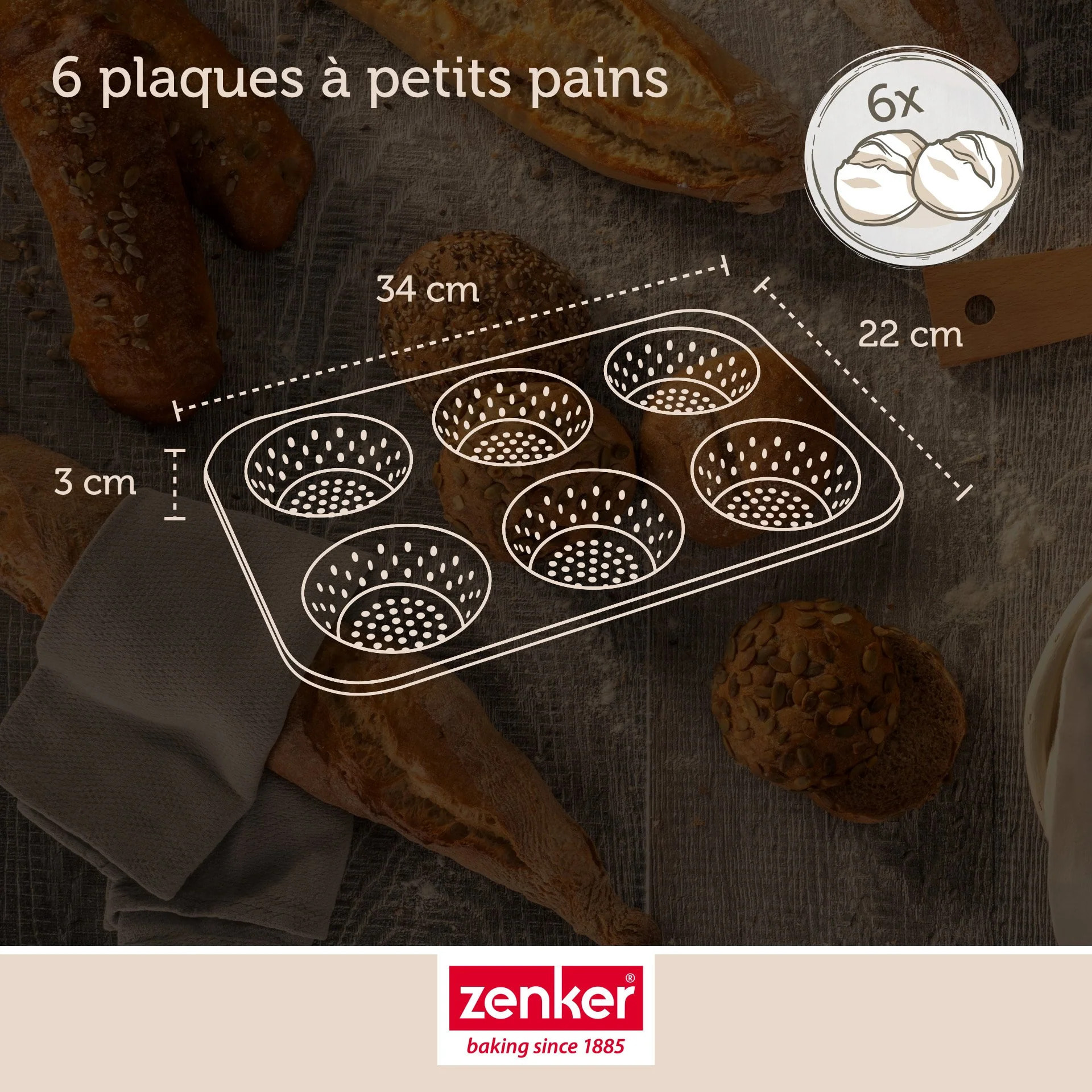 Moule à petits pains individuels ronds 6 empreintes 33 x 22 cm Zenker Mojave Gold