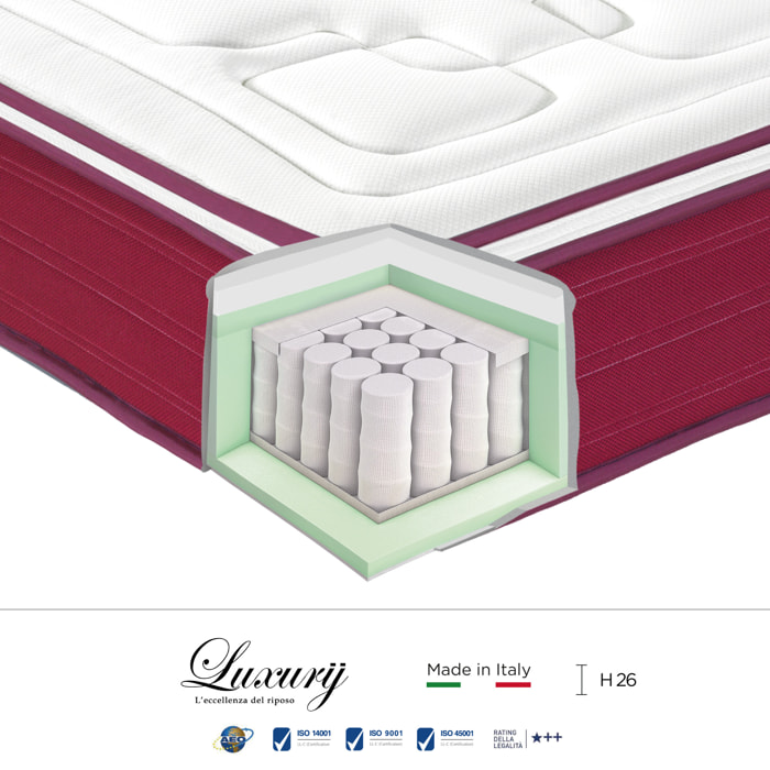 "Ravello" H26 cm 90x200 guanciale Memory ONìMAGGIO a molle insacchettate e 2cm memory