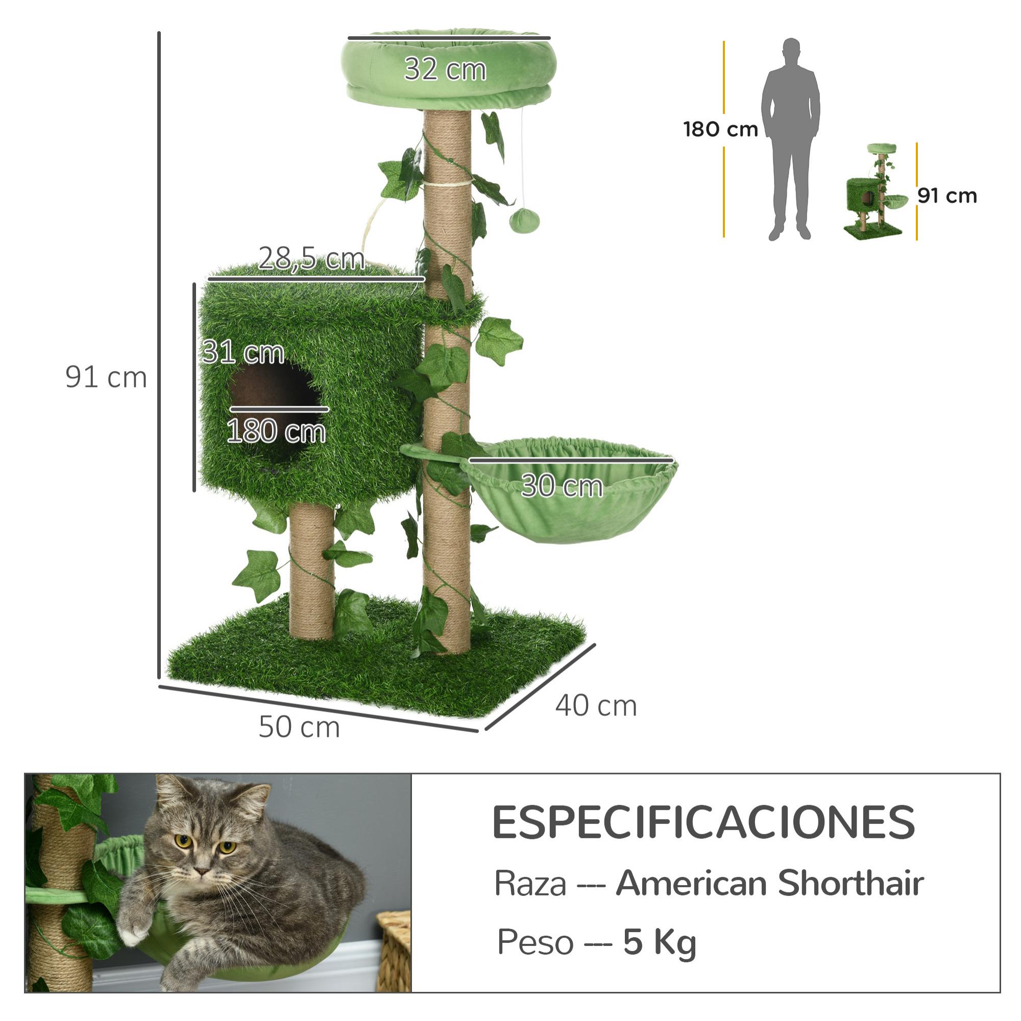 Árbol Rascador para Gatos 91 cm Torre para 1-2 Gatos con Caseta Cama Hamaca Poste de Yute y Bola Colgante 50x40x91 cm Verde