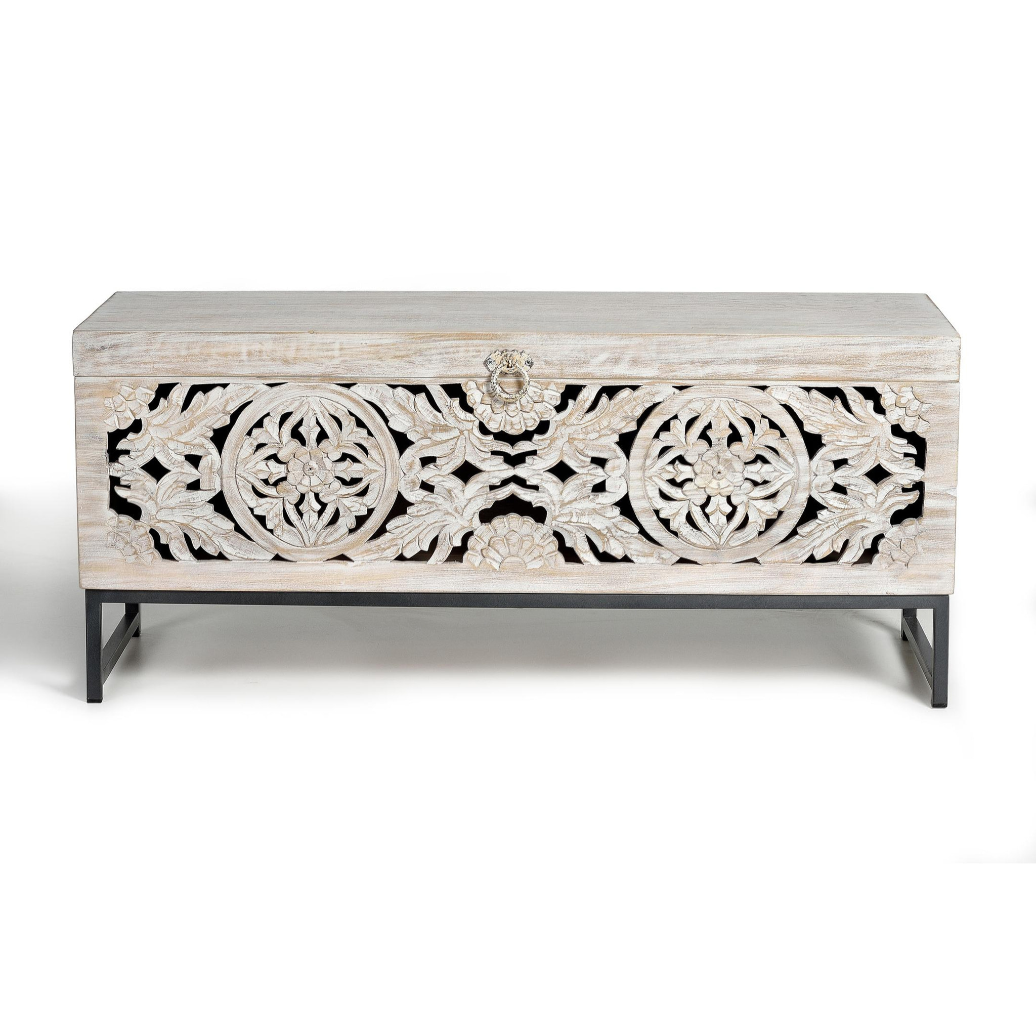 Baúle de Madera de Mango 116 Cm Estilo Étnico Boho Tallado