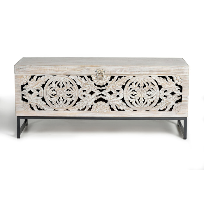 Baúle de Madera de Mango 116 Cm Estilo Étnico Boho Tallado
