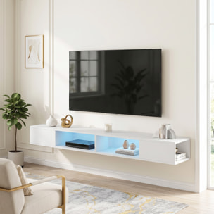 Mueble de TV Suspendido con Luces LED, Mueble de TV para Salón con Estantes Abiertos, Estilo Moderno, para Televisión 75 Pulgadas, 177,8x30x18 cm, Blanco