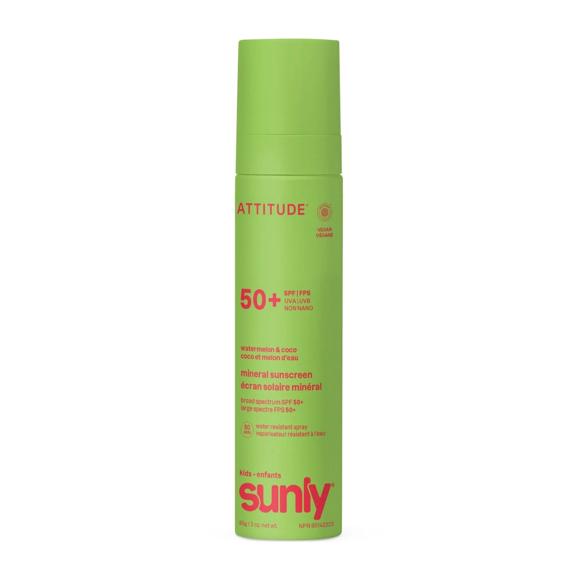 Mineral sunscreen Spray Face & Body Kids SPF 50 watermelon coco Attitude Sunly 75 ml