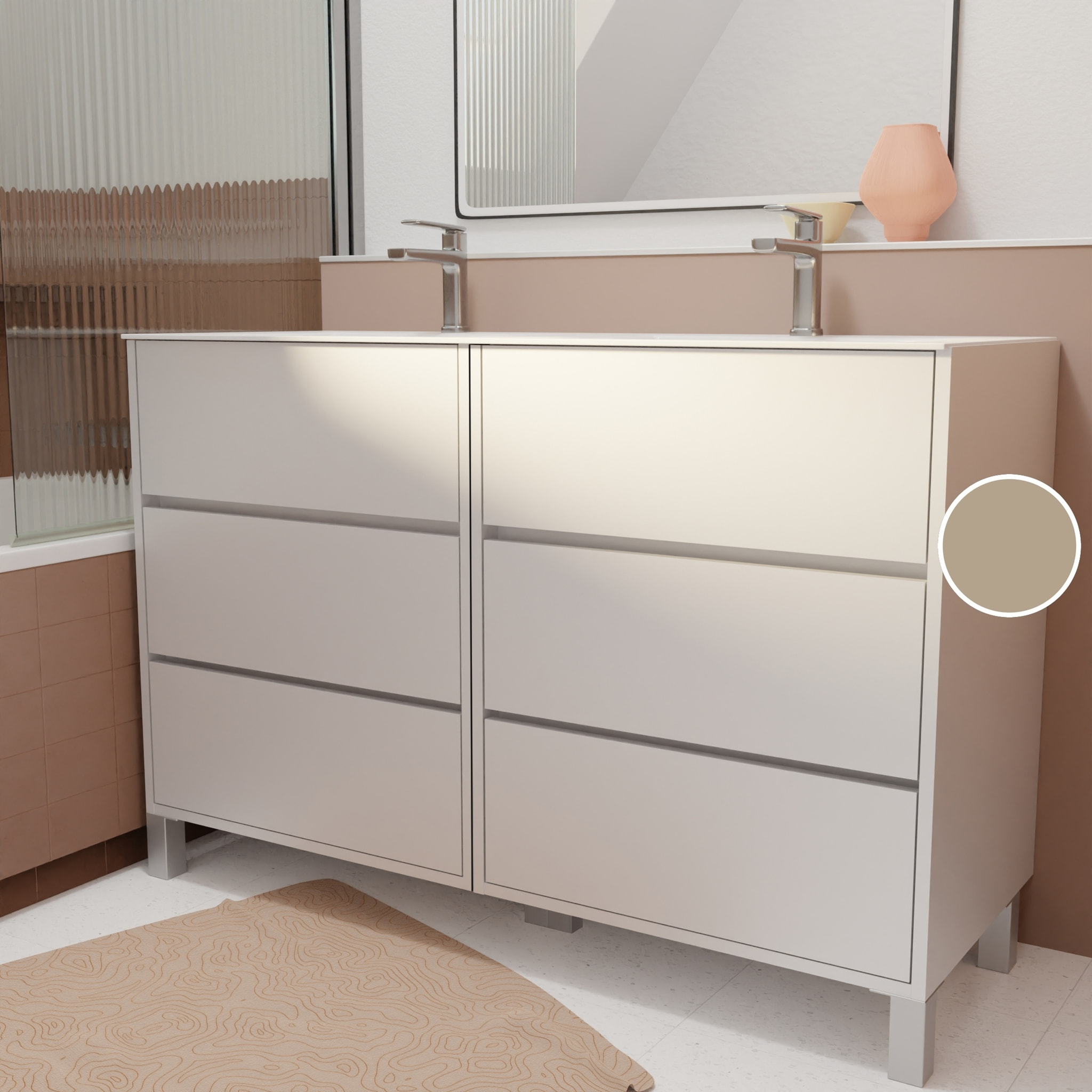 Pack Meuble Salle de Bains 120 cm Laqué Blanc, 6 tiroirs avec Vasque Céramique - XENOS