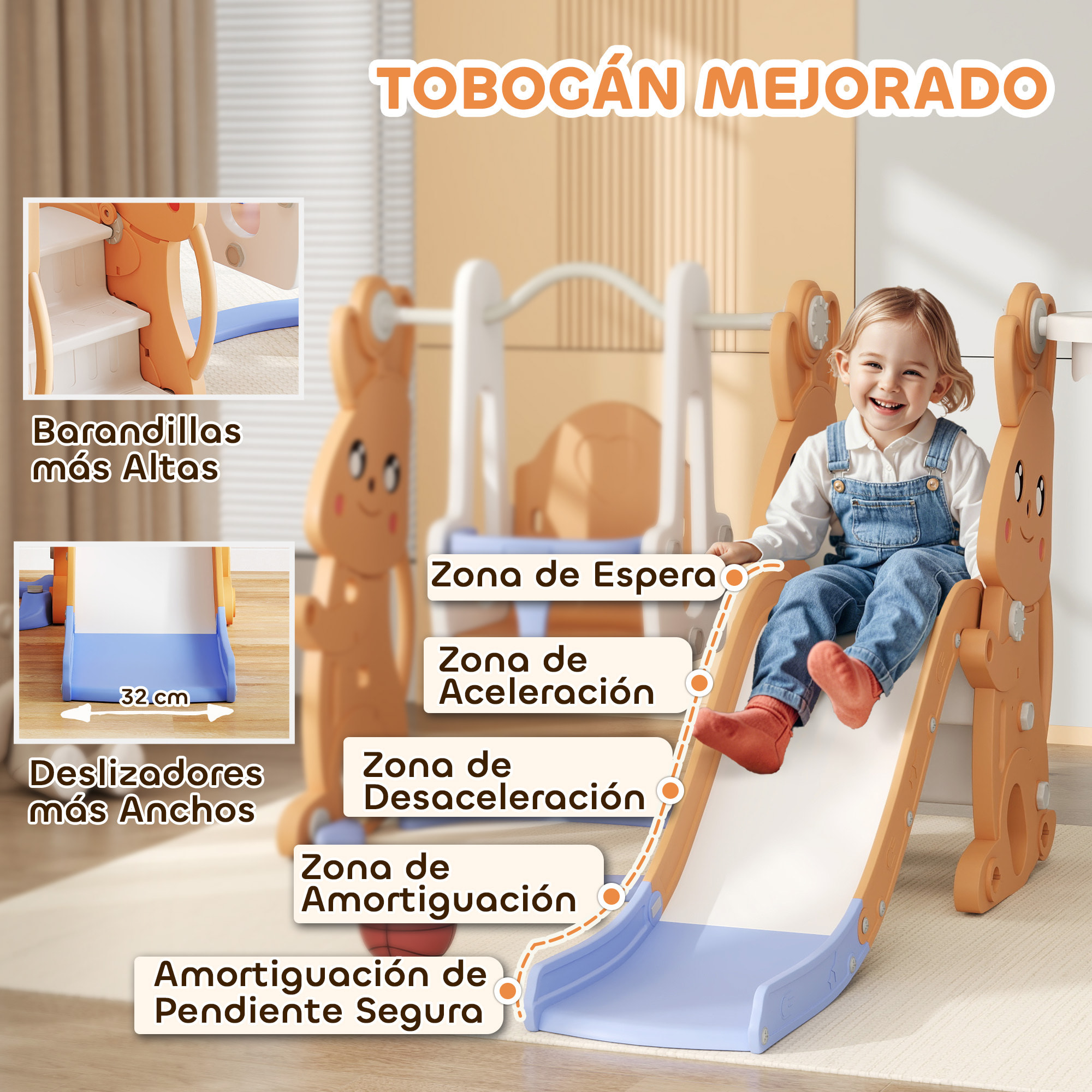 Tobogán Infantil 4 en 1 Columpio y Tobogán Trepador Aro de Baloncesto Temática de Conejo Parque Infantil para Interior y Exterior Naranja