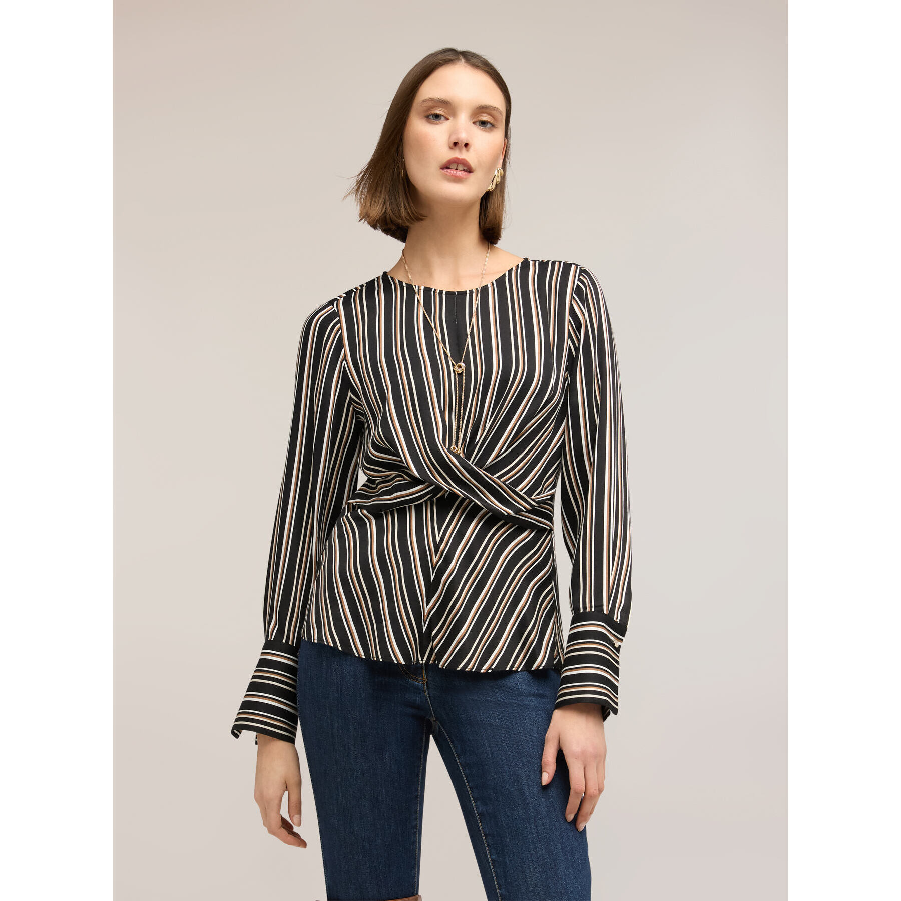 Motivi - Blusa a righe con incrocio - Grigio