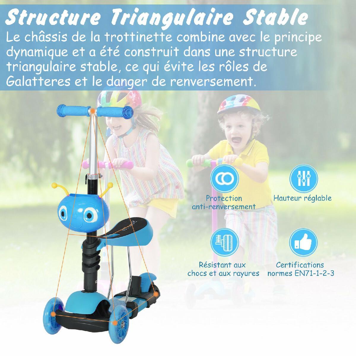 Trottinette pour enfants trottinette 3 roues évolutive 3 en 1 hauteur guidon réglable canne telescopique selle dossier amovible bleu