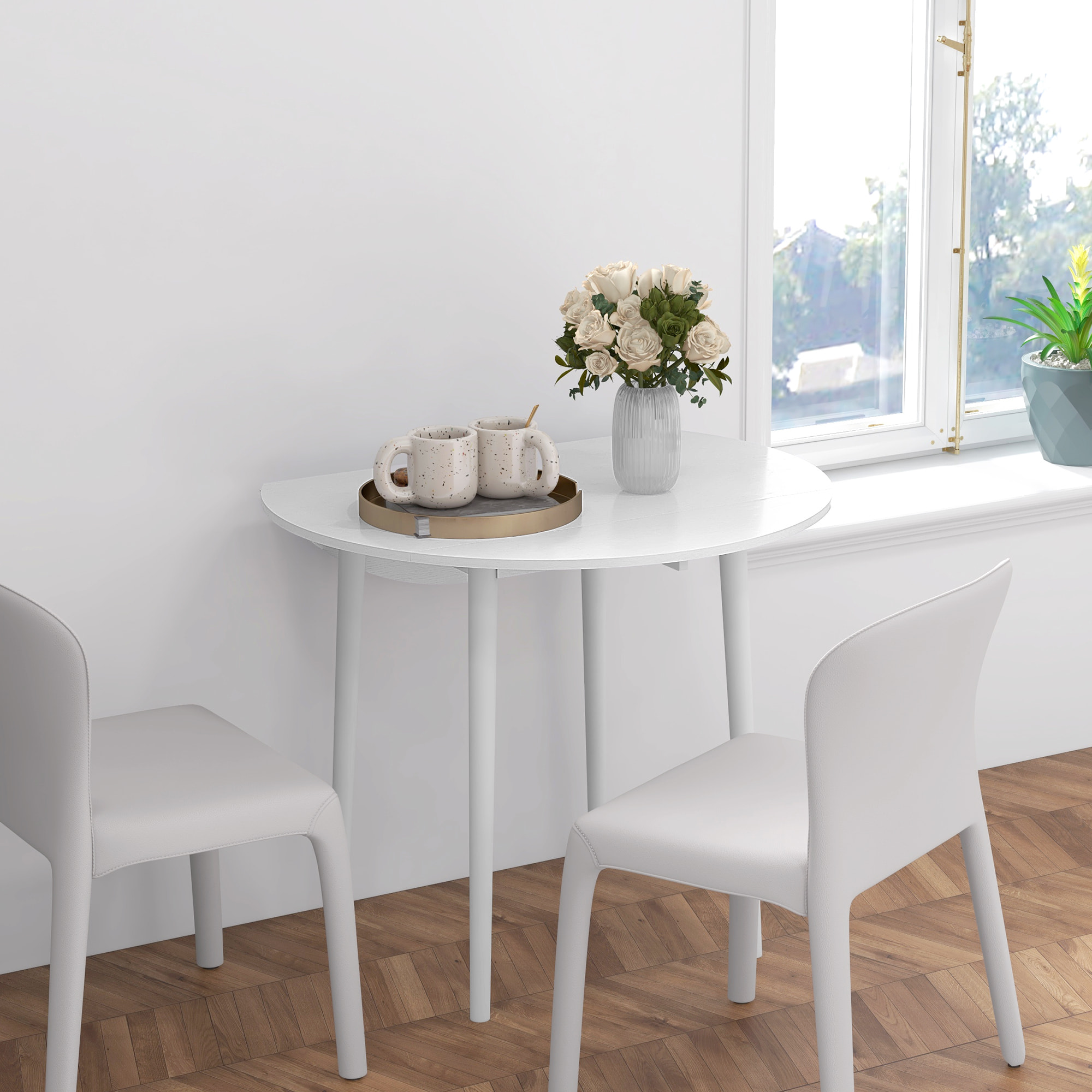 Table à manger ronde 4 personnes - table ronde extensible - table pliable 2 abattants - dia. 89 x 73H cm - bois blanc