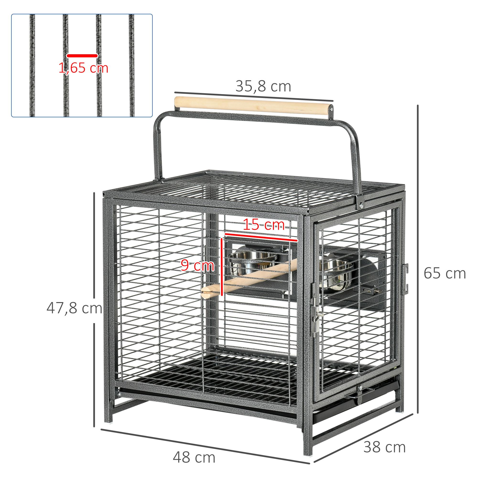 Jaula para Pájaros Portador de Aves Portátil con 2 Perchas de Madera 2 Comederos de Acero Inoxidable y Bandeja Extraíble para Periquitos Canarios 48x38x47,8 cm Negro