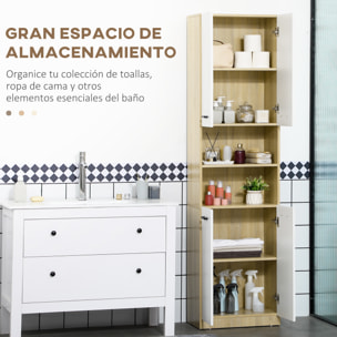 Columna Auxiliar de Baño Armario Alto de Baño con 4 Puertas 2 Estantes Abiertos y Estantes Ajustables Estilo Moderno para Salón 53x33,5x195,7 cm Blanco y Roble