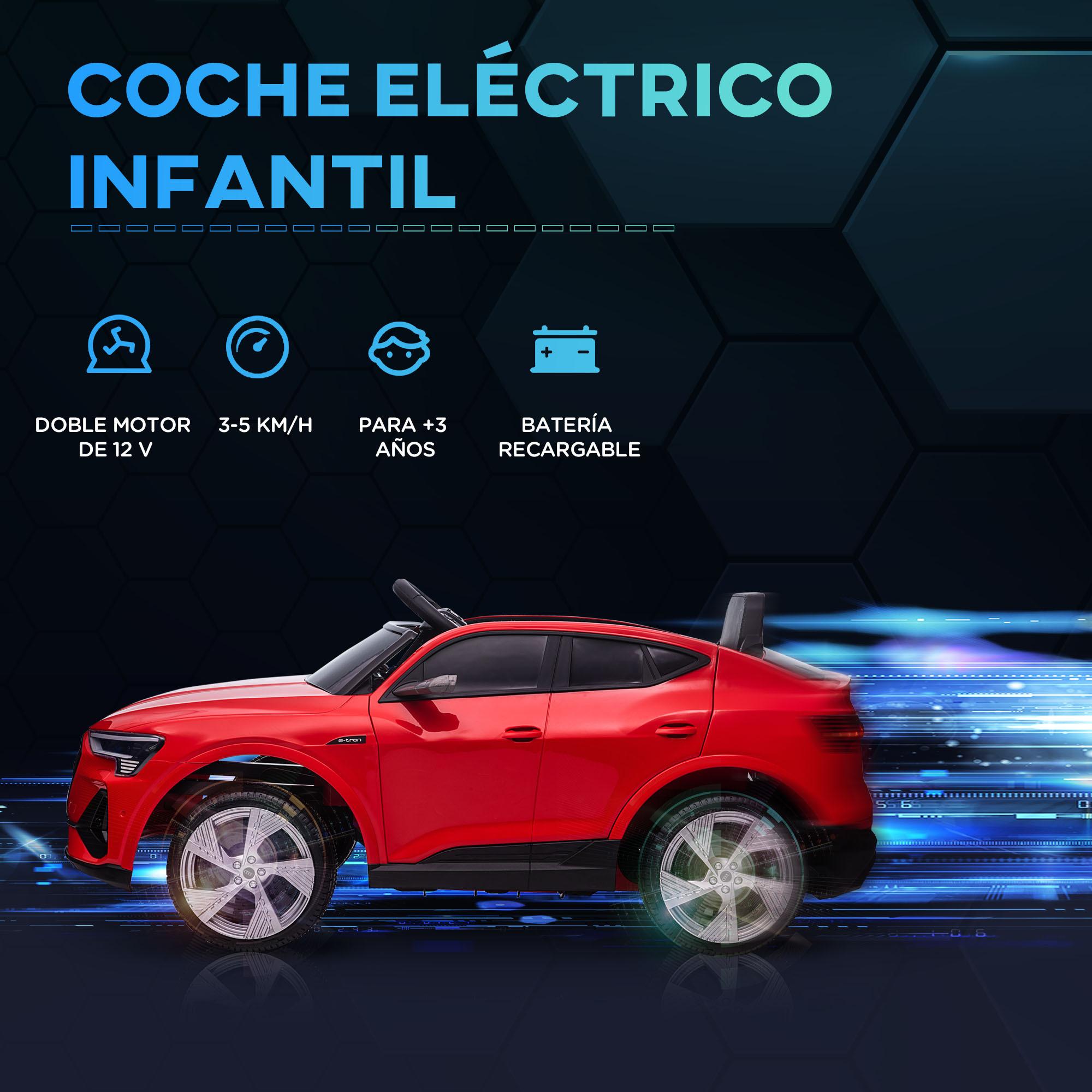 CocheEléctricoAudiE-tron12VparaNiñosde+3AñosconMandoaDistanciaFarosBocinaMúsicaMP3TFUSByAperturadePuerta3-5km/h108x60x47cmRojo