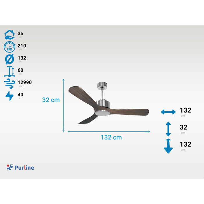 Ventilateur de Plafond ø132 cm avec Wifi Réversible Hypersilence pour 35 m² 40 W Argent