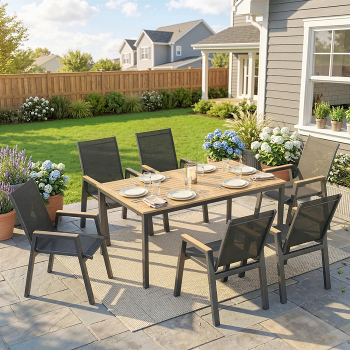 Conjunto de Mesa y Sillas Jardín de 7 Piezas, Muebles Jardín Exterior con Mesa con Tablero de Listones Efecto Madera, 6 Sillas Transpirables, Marco de Metal Resistente a la Intemperie, Negro