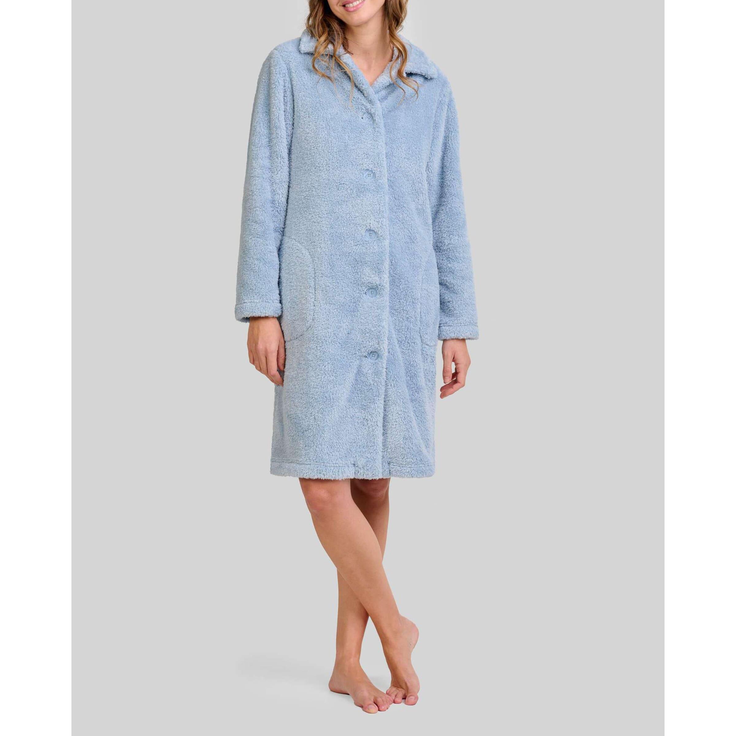 Bata mujer tejido de rizo con abertura de botones, bolsillos laterales y manga larga
