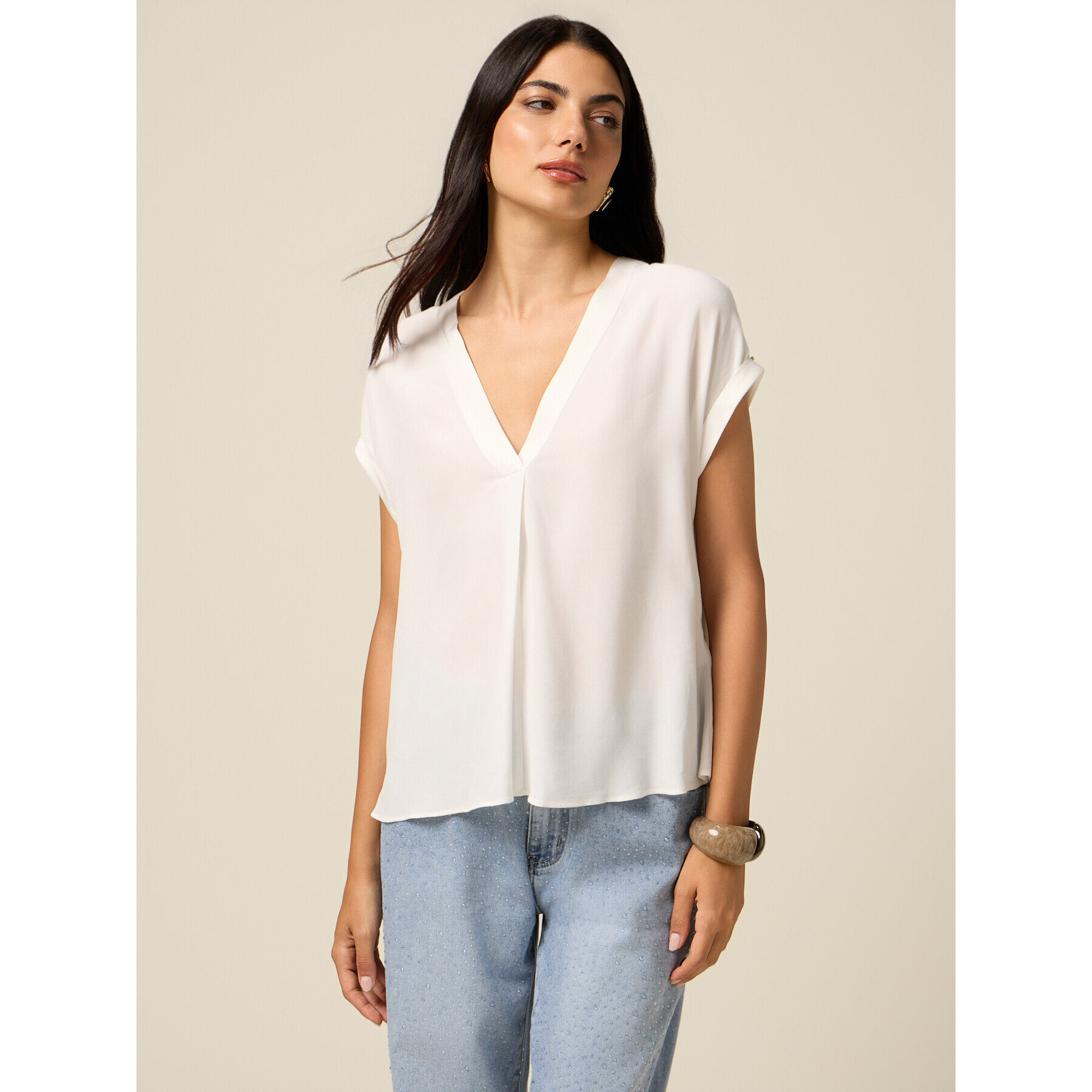 Oltre - Blusa escote en V de viscosa - Blanco