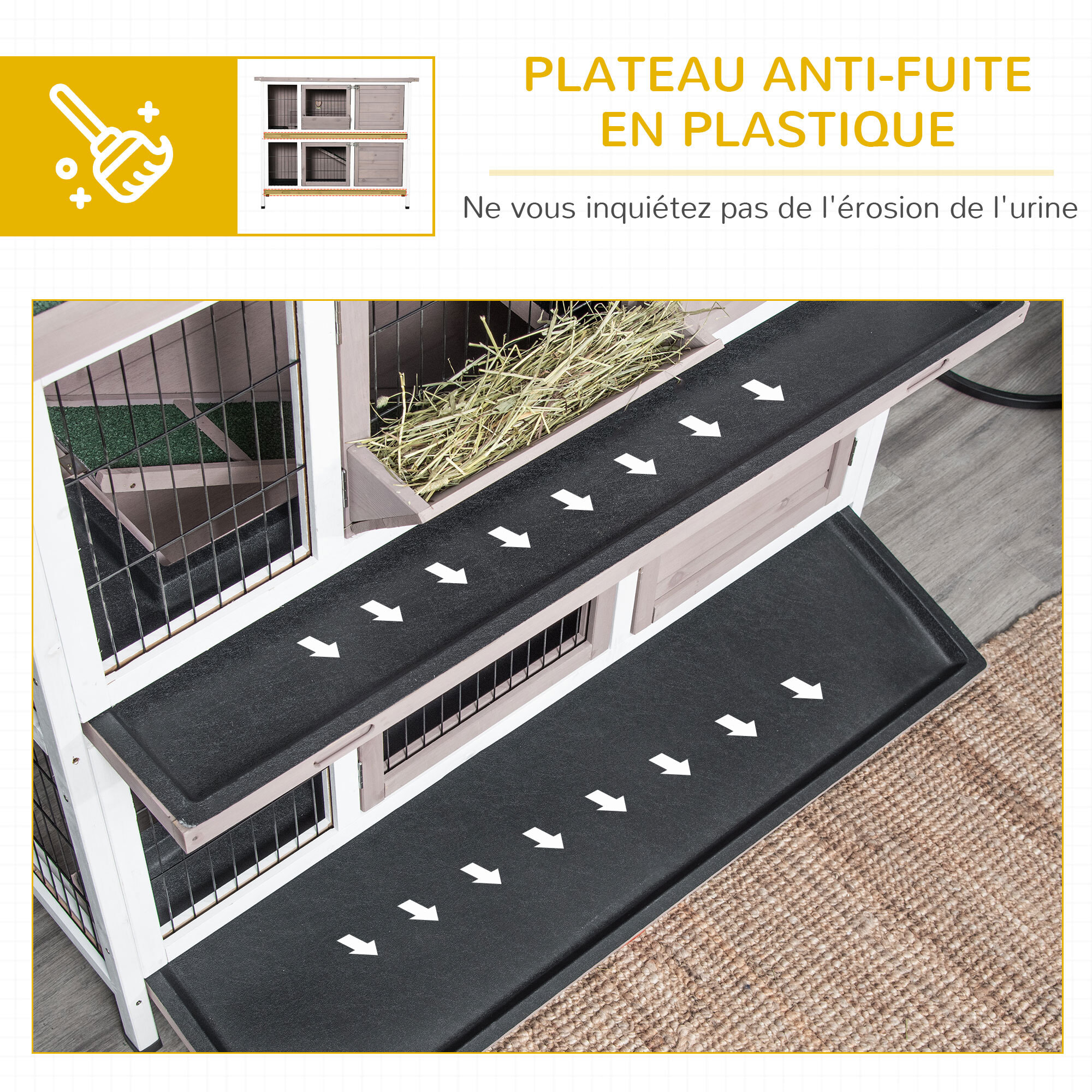 Clapier à lapin cage à lapin 2 étages trappe de séparation amovible 4 portes verrouillables 2 plateaux coulissants rampe toit ouvrant bois de sapin gris blanc