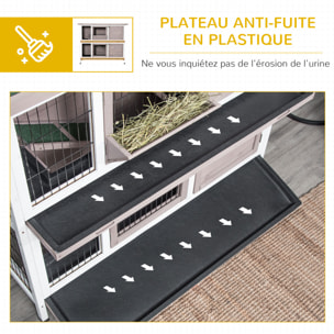 Clapier à lapin cage à lapin 2 étages trappe de séparation amovible 4 portes verrouillables 2 plateaux coulissants rampe toit ouvrant bois de sapin gris blanc
