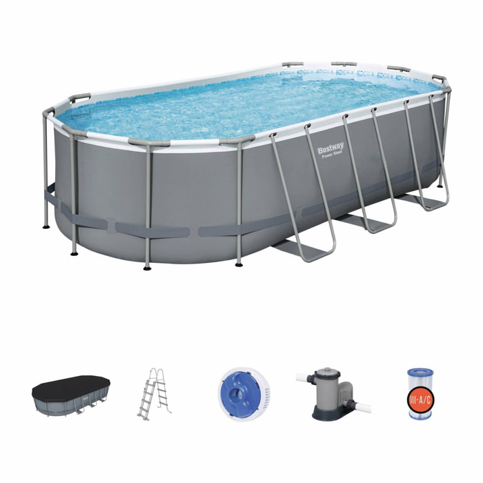 Kit piscine complet BESTWAY – Spinelle grise – piscine ovale tubulaire 5x3 m. pompe de filtration. échelle. bâche de protection. diffuseur chimique ChemConnect. piscine hors sol armature acier