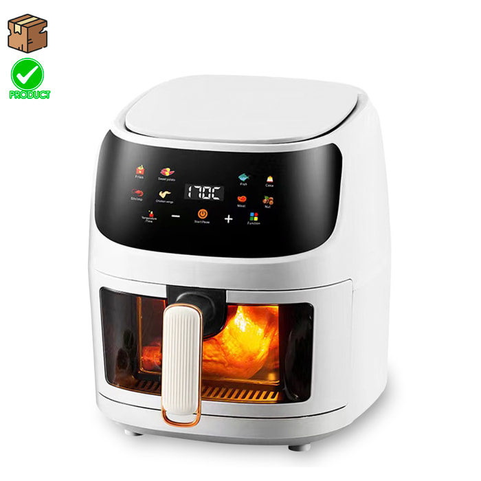 Friggitrice ad aria 8L, 1400W, con finestra di visualizzazione. Pannello touch, 8 programmi di cottura, modalità manuali, griglia antiaderente. PRODOTTO CON IMBALLAGGIO DANNEGGIATO.