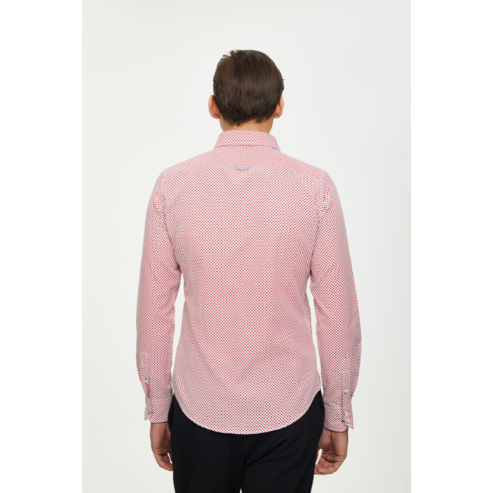 Camicia Uomo 2 Bottoni Button Down 7 Bottoni Slim Cotone Poliestere Stampa Bianco e Rosso