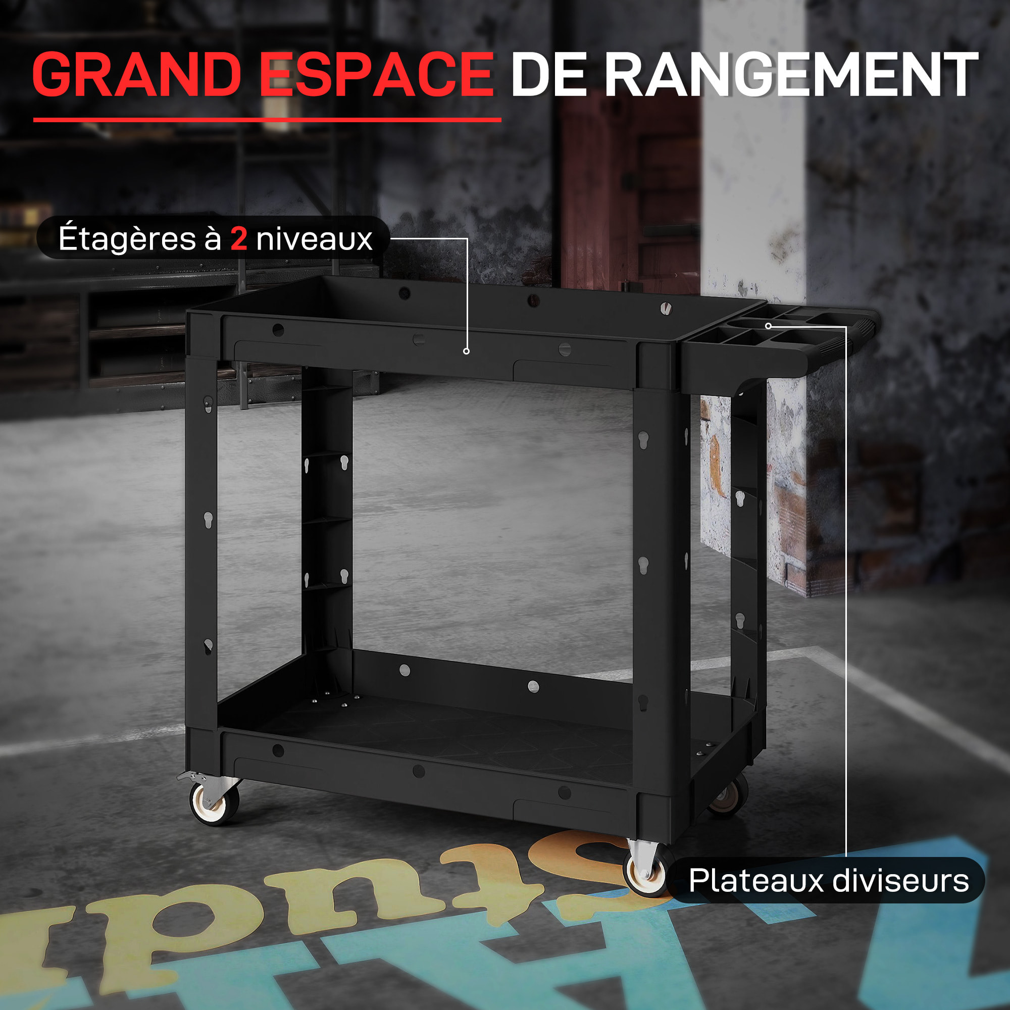 Servante chariot à outils 2 niveaux plateaux séparateurs poignée max. 227 Kg plastique noir