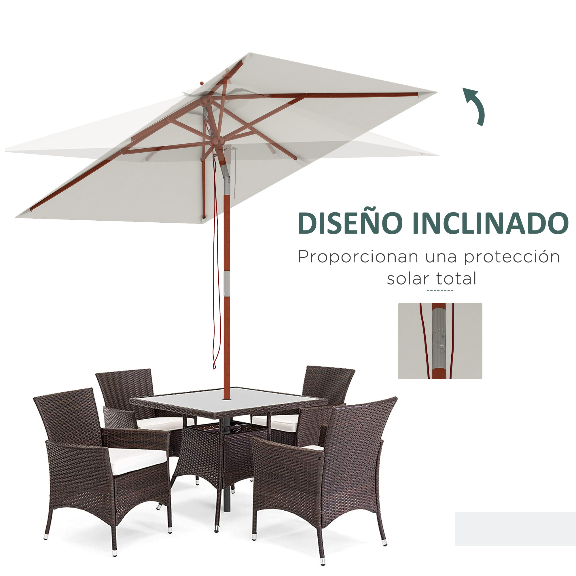 Sombrilla de Jardín 200x150x235 cm Parasol de Terraza Rectangular Inclinable con Anti-UV Impermeable y Poste de Madera para Playa Patio Beige