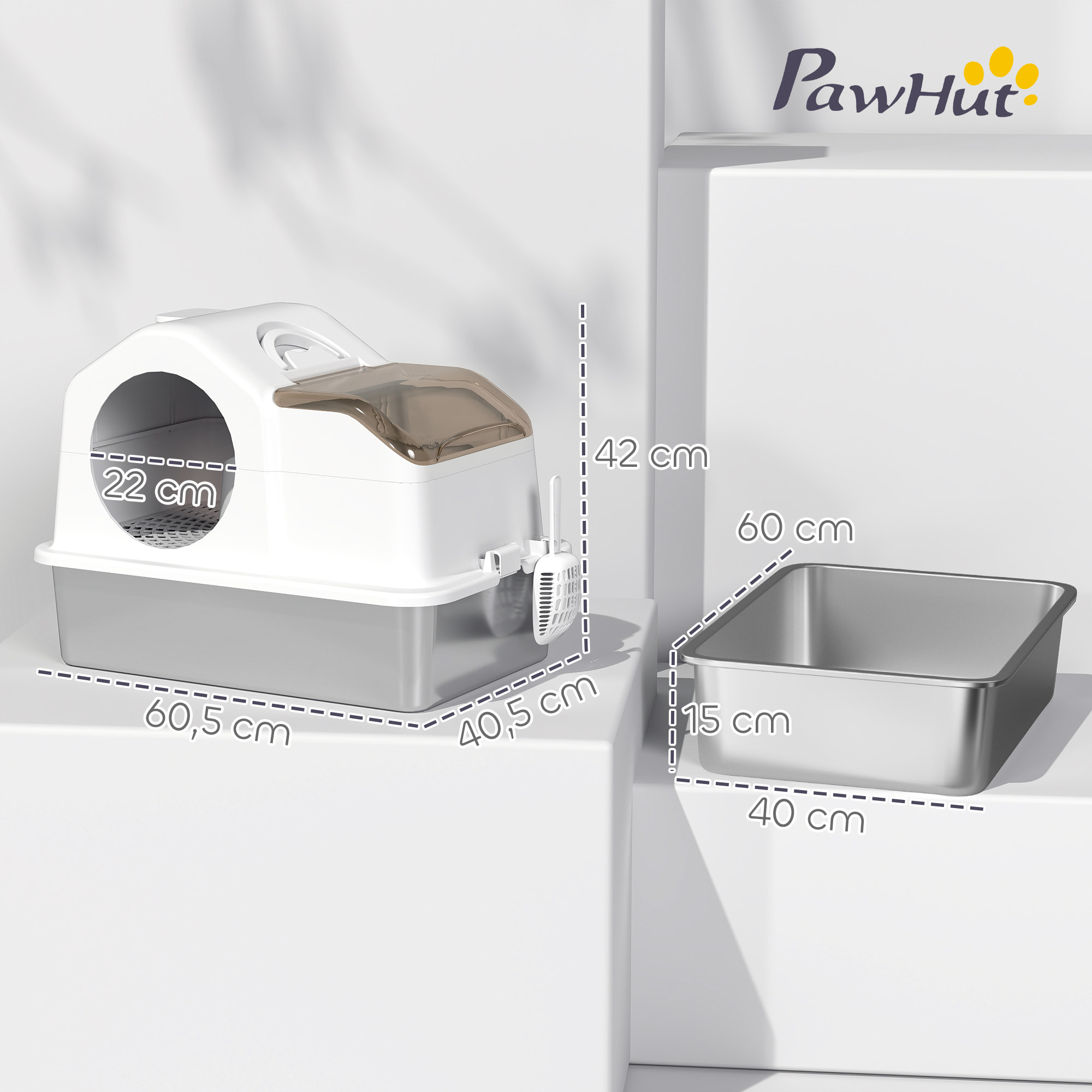 Maison de toilette bac à litière chat - 60 x 40 x 28 cm - pelle, poignée - acier inox plastique gris clair