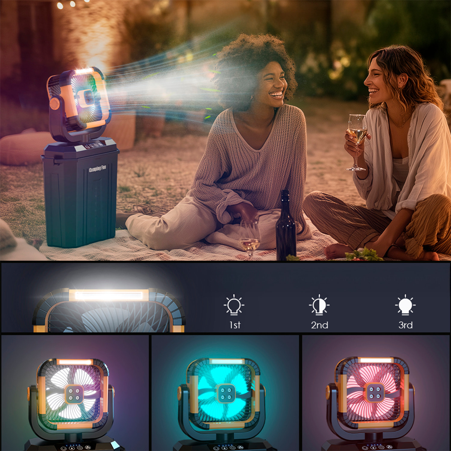 Ventilador F912 de 4 velocidades con depósito de 12L, función de spray, iluminación dual, oscilación y mando remoto. Incluye power bank 20000 mAh, 16 W y viento máx. 4,5 m/s.