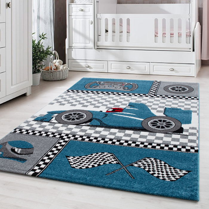 KIDS - Tapis enfant à motif voiture de course bleu - KID0460BLE