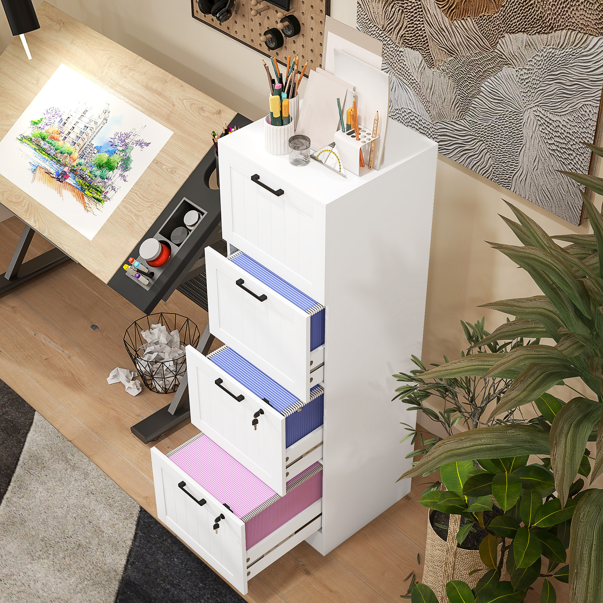 Caisson bureau 2+2 tiroirs verrouillables dossiers suspendus dim. 40x40x131cm MDF blanc