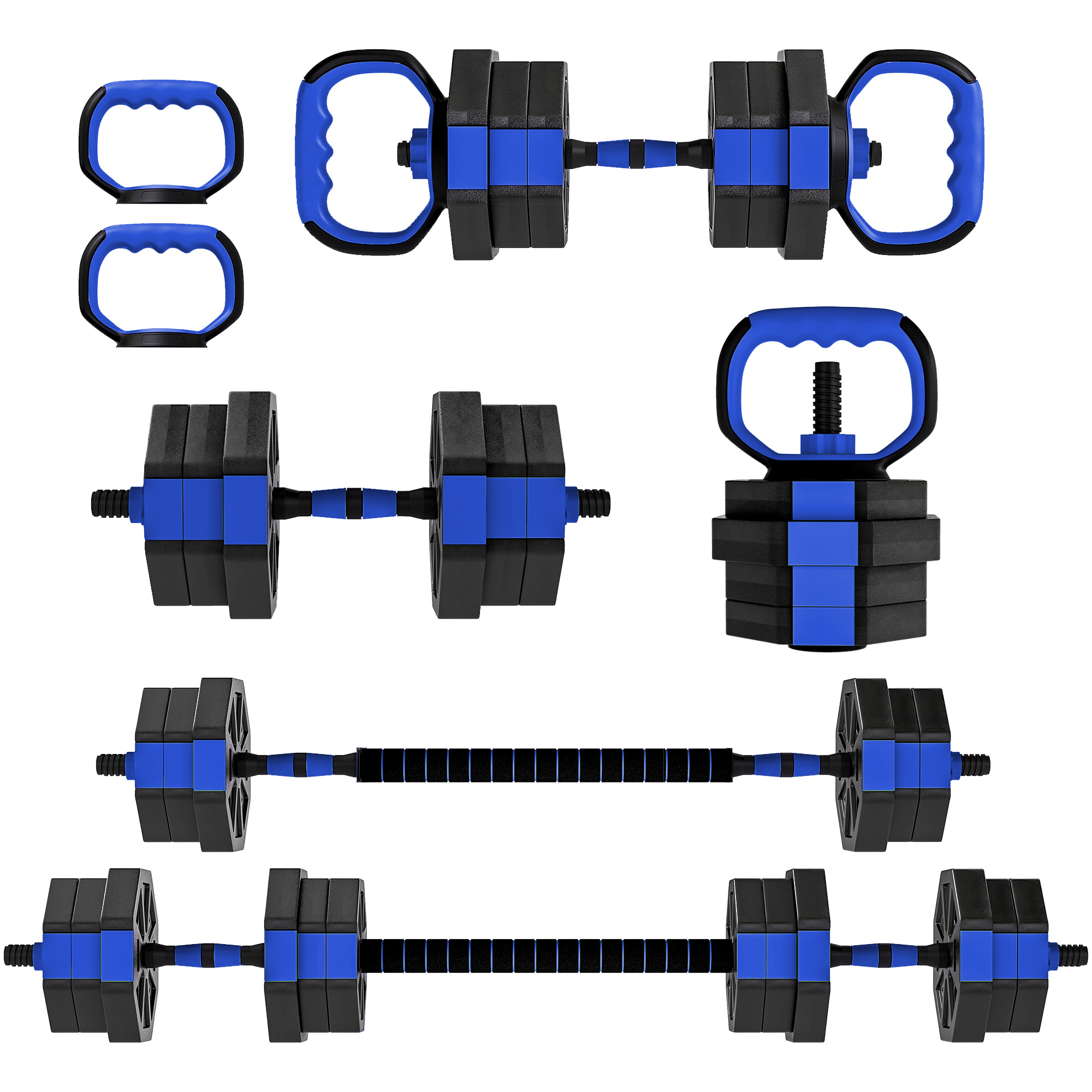 Ensemble d'haltères musculation multifonction 4 en 1 - haltères, kettlebell, push-up support, Olympic barre - total 20Kg - PVC bleu noir