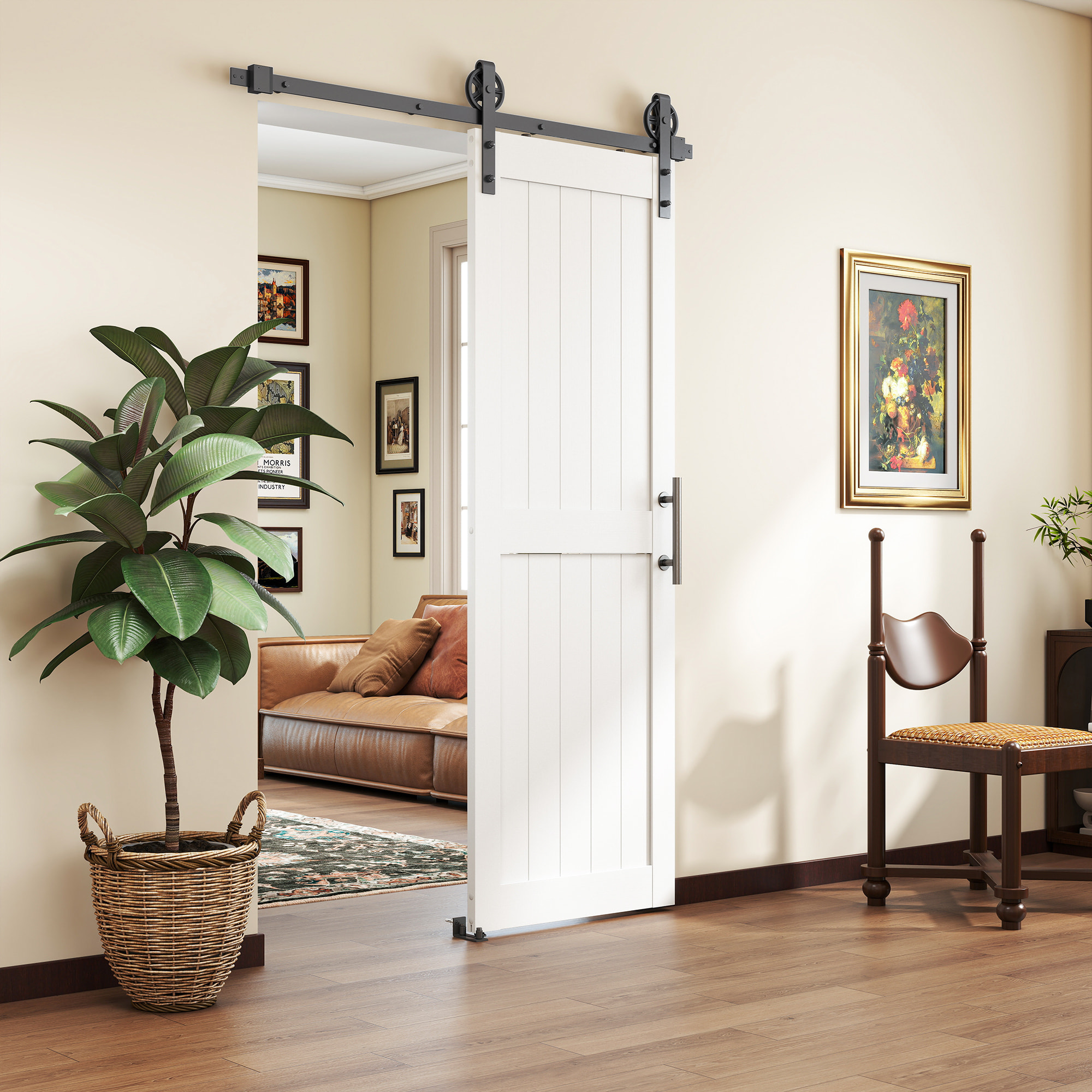 Puerta Corredera de Granero con Herrajes Puerta Corredera de Interior con Manija Rodillo y Guía de Suelo Mejorados para Baño Salón Sala de Estar 71,5x213,4 cm Blanco