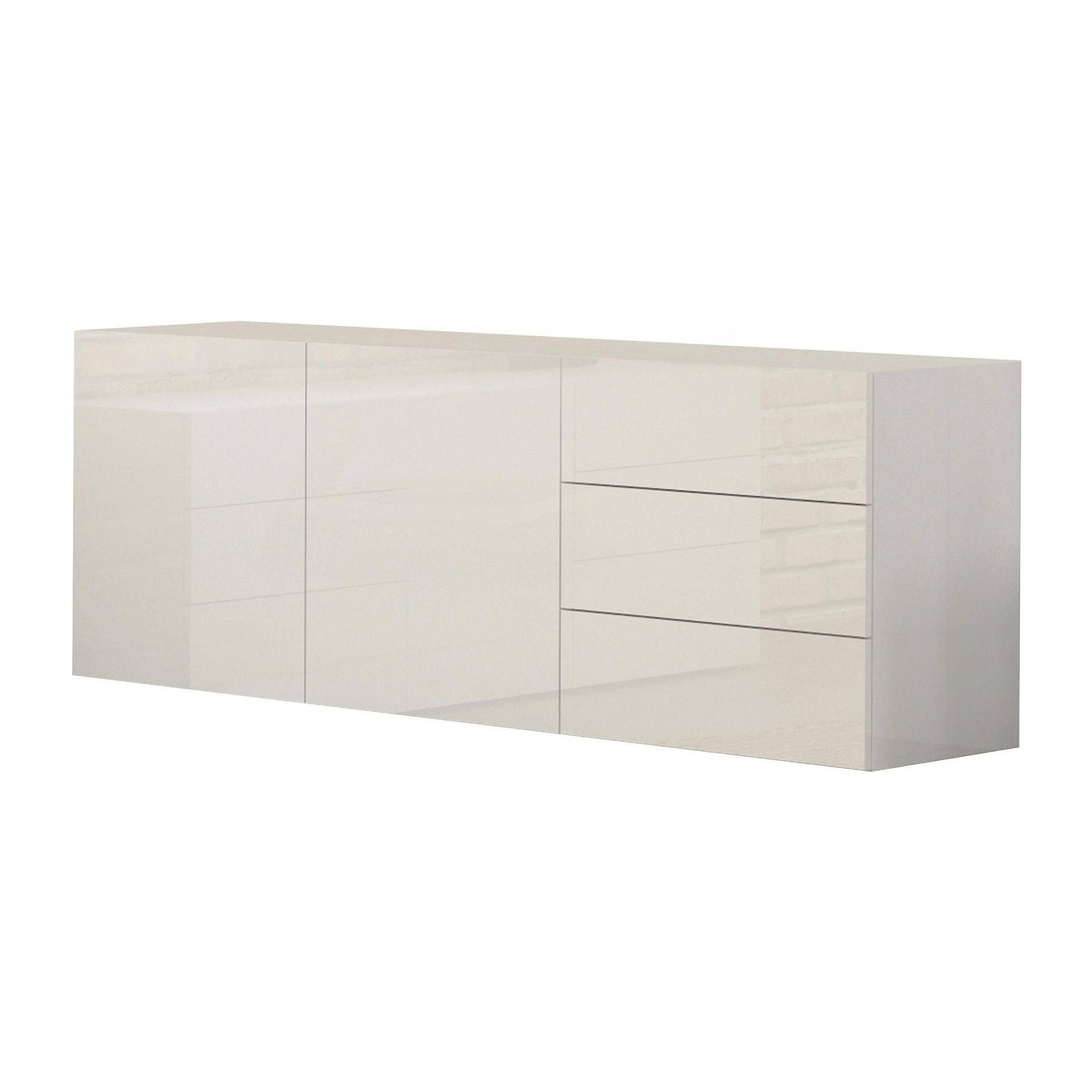 Credenza moderna a 2 ante e 3 cassetti, Made in Italy, Madia da cucina, Buffet di design da soggiorno, cm 170x40h35, colore Bianco lucido