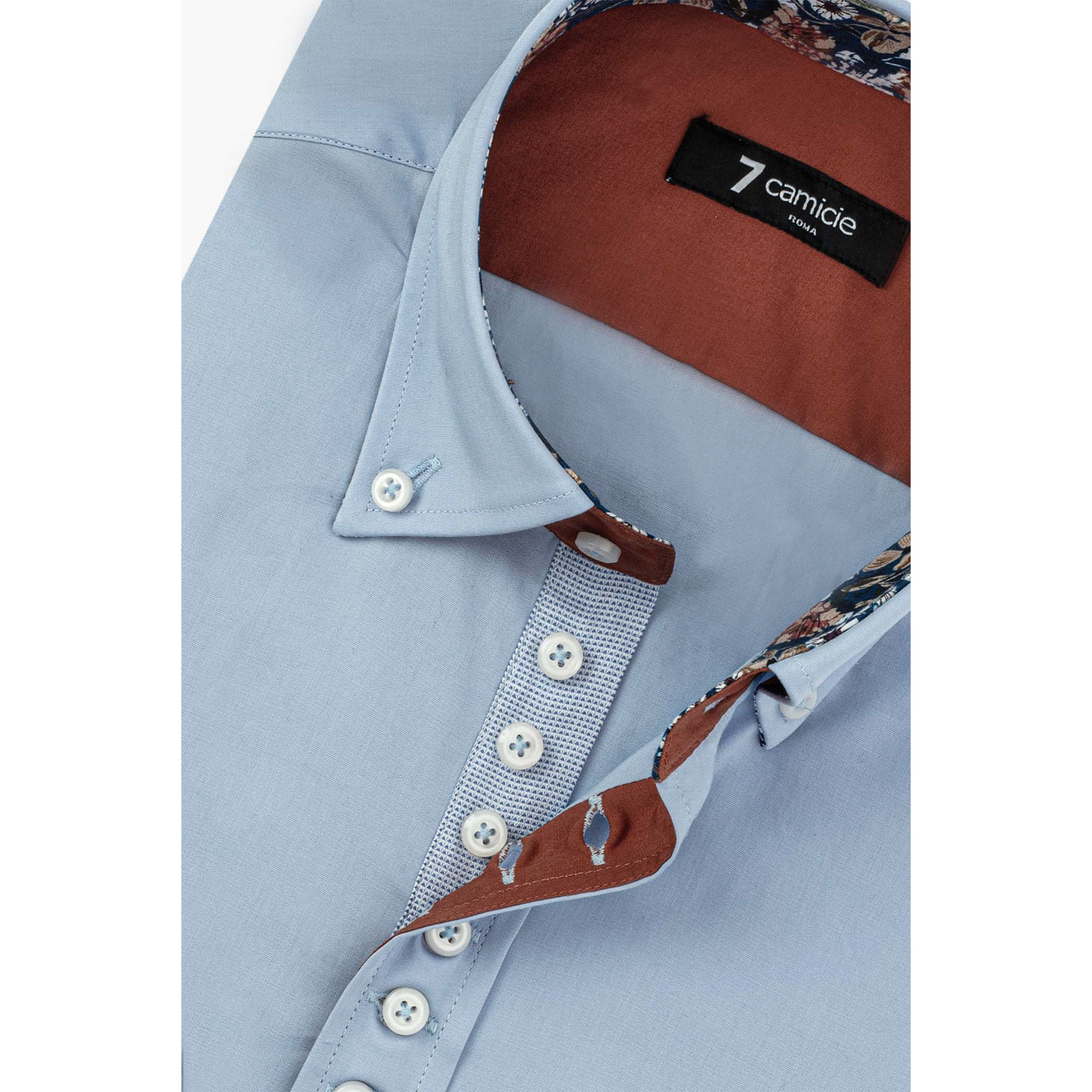 Camicia Uomo 1 Bottoni Button Down Slim Popeline Stretch Unito Celeste