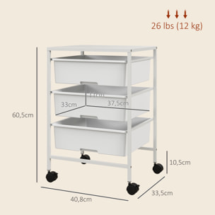 Chariot de rangement à 4 niveaux - 3 paniers et plateau - roulettes verrouillables - acier PP blanc