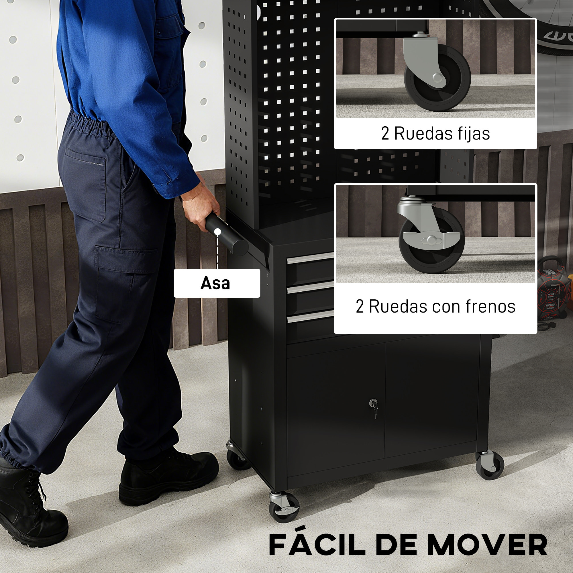 Carro de Herramientas con 3 Cajones y Tabla de Pegboard, Carro de Taller, Cerradura por Llave, Estante Ajustable, 2 Ruedas con Freno de Bloqueo, Negro