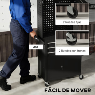 Carro de Herramientas con 3 Cajones y Tabla de Pegboard, Carro de Taller, Cerradura por Llave, Estante Ajustable, 2 Ruedas con Freno de Bloqueo, Negro