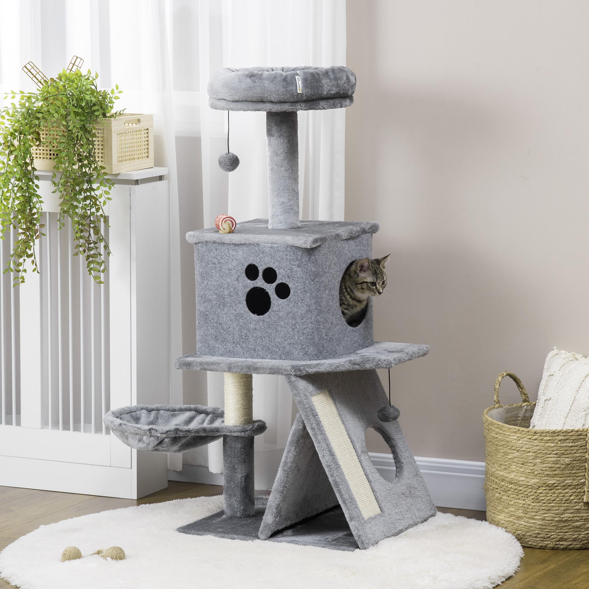 Árbol Rascador para Gatos Altura 111 cm con Cama Cueva Hamaca Bola Colgante Gris