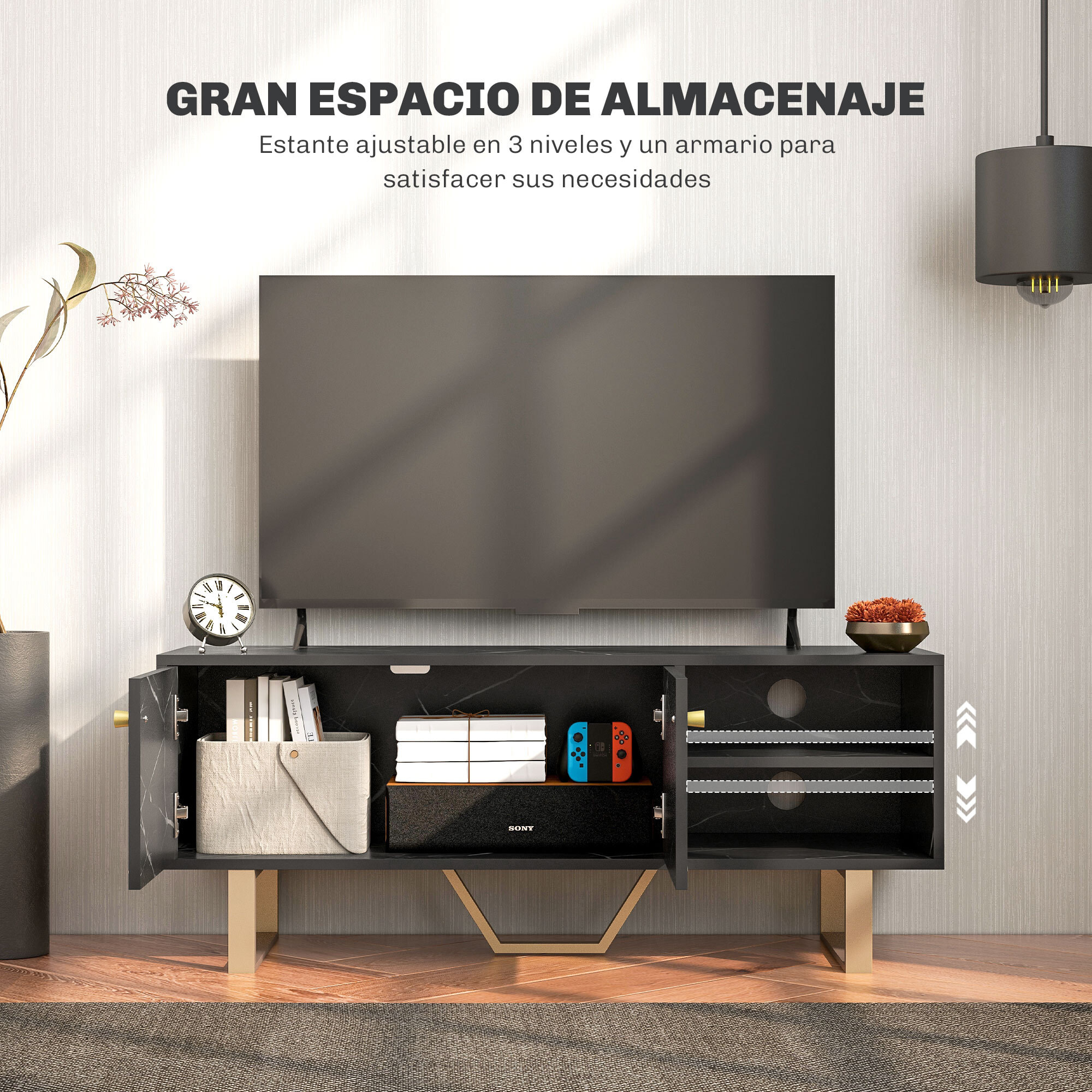 Mueble de TV Mesa de TV con 2 Puertas Estante Ajustable y Efecto Mármol Mueble de TV para Salón para Televisores de 50 Pulgadas Negro y Dorado