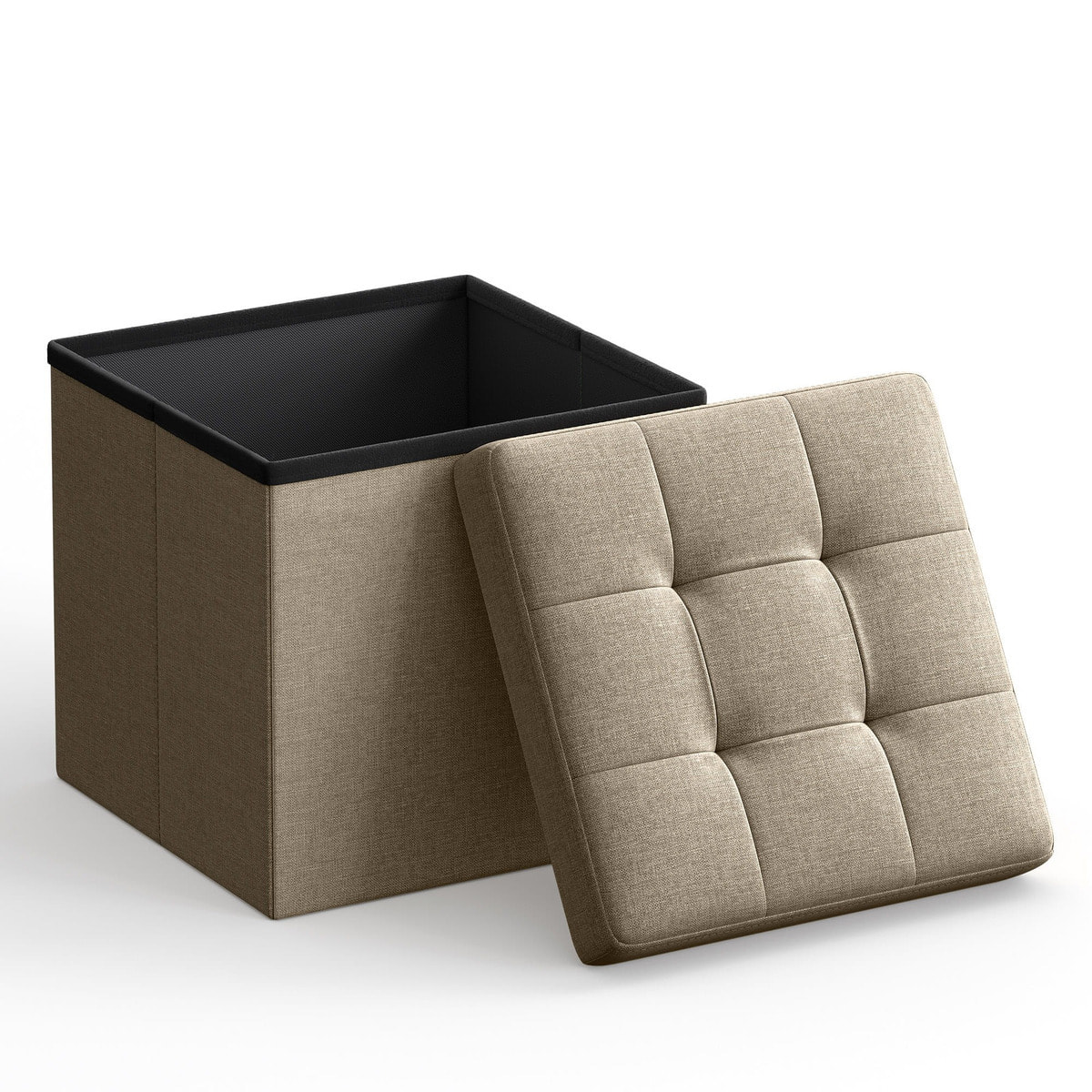 Pouf contenitore pieghevole color cammello effetto lino
