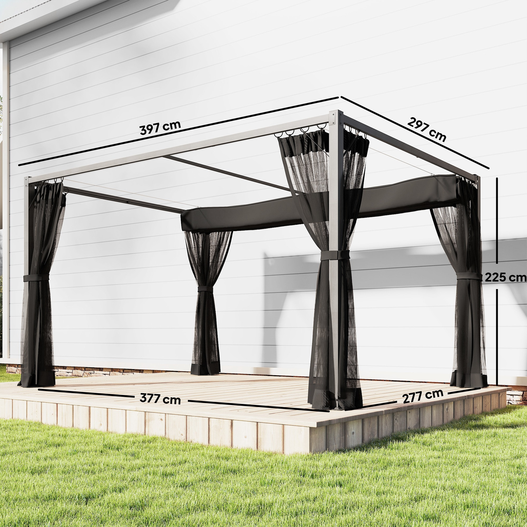 Pérgola de Jardín 3x4 m con Techo Retráctil y 4 Paredes Laterales de Malla, Cenador de Jardín con Estructura de Aluminio, UPF30+, Pabellón para Exterior, Patio, Terraza, Gris Oscuro