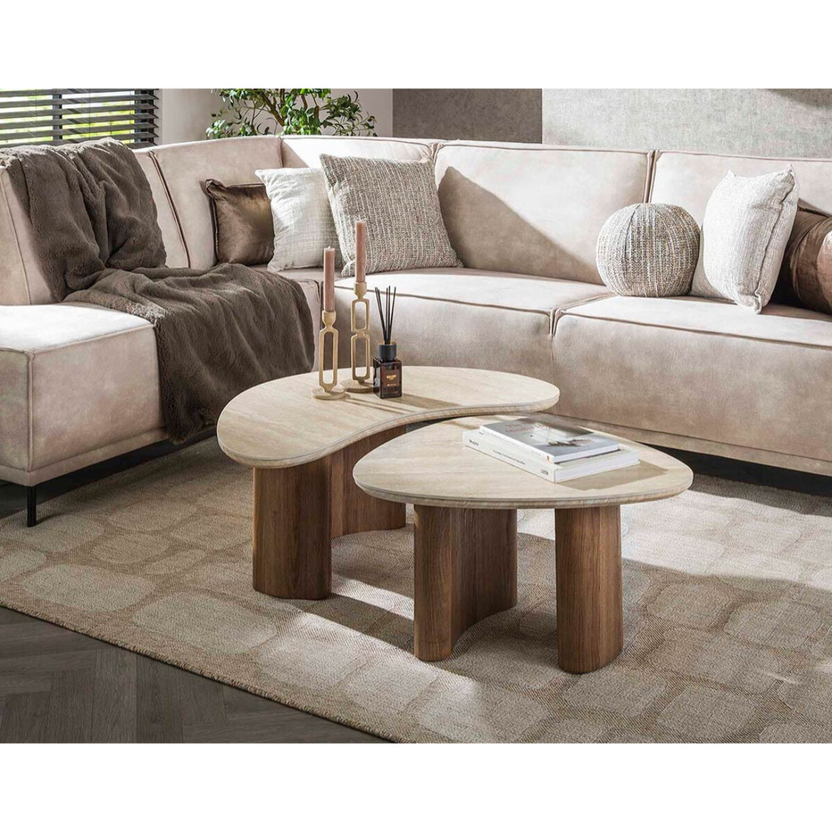 Mohea - lot de 2 tables basses gigognes - effet travertin et bois - 88 et 65 cm - Bois / Blanc