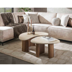 Mohea - lot de 2 tables basses gigognes - effet travertin et bois - 88 et 65 cm - Bois / Blanc
