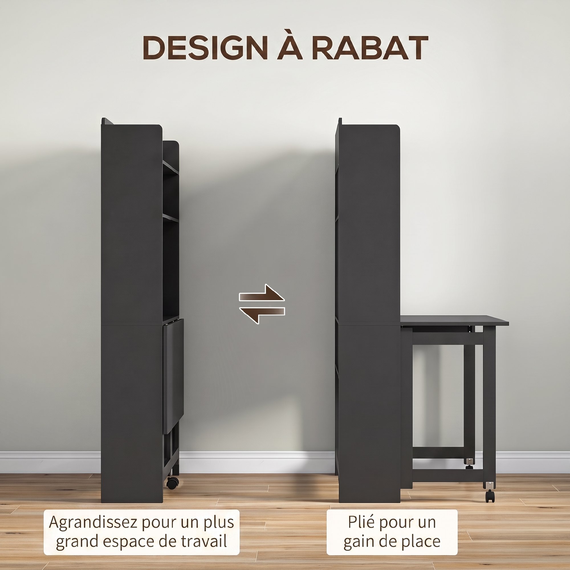 Bureau mural pliable table murale rabattable suspendue sur pied avec bibliothèque 3 étagères MDF noir